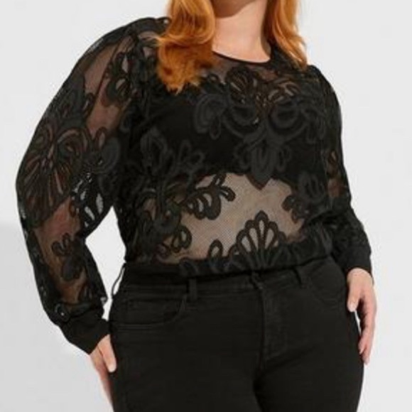 torrid Tops - NWT-Torrid Mesh with embroidery long sleeve blouse. Size 2X Deep black color